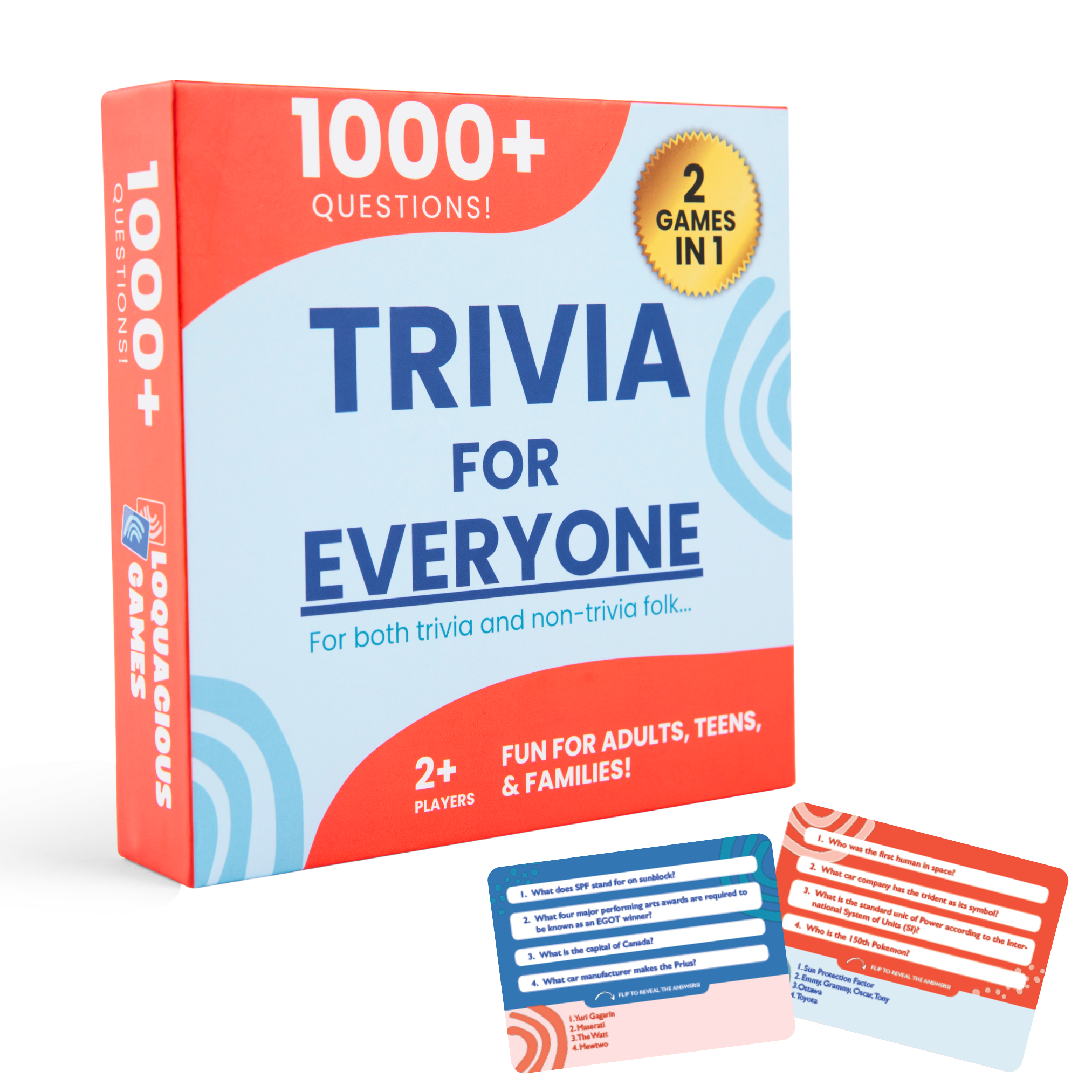 Trivia for Everyone game box with a 2 cards