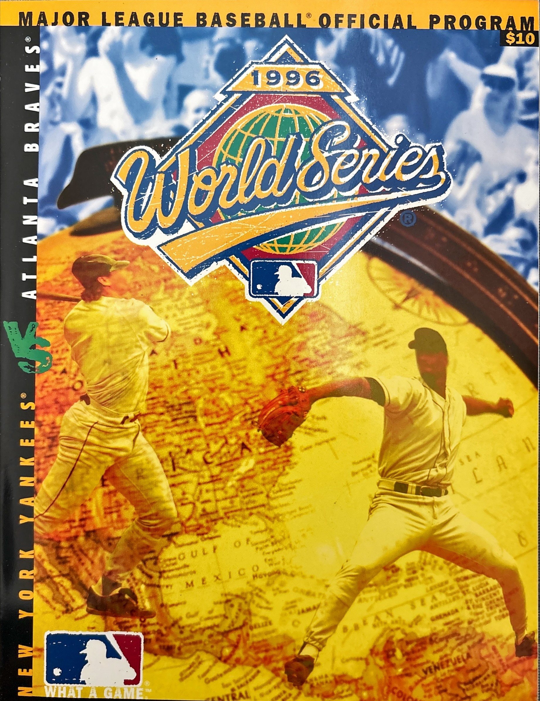 The front cover of a 1996 Major League Baseball Official Program, priced at $10, featuring a map background with images of baseball players.