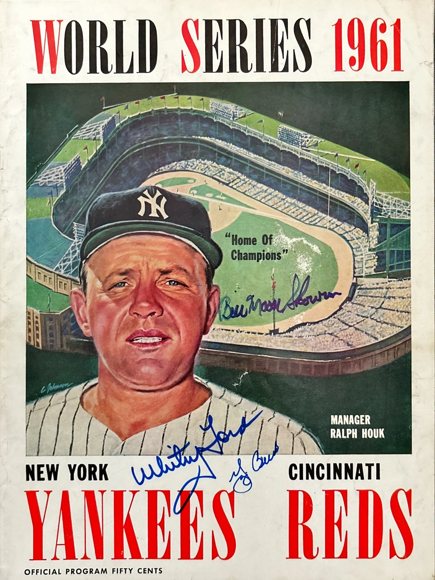 1961 World Series program cover featuring a baseball stadium, a baseball player’s portrait, signatures, and text indicating the teams New York Yankees and Cincinnati Reds.