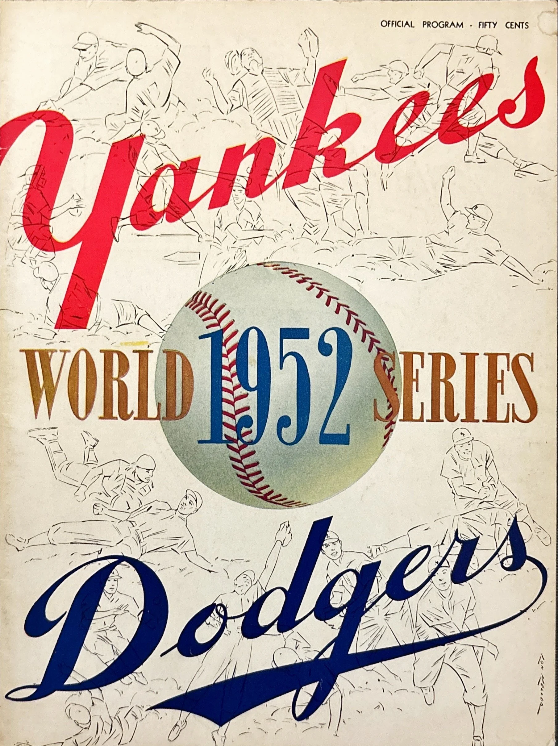 Vintage baseball program cover with illustrations of baseball players in various action poses.  World Series program 1952'.