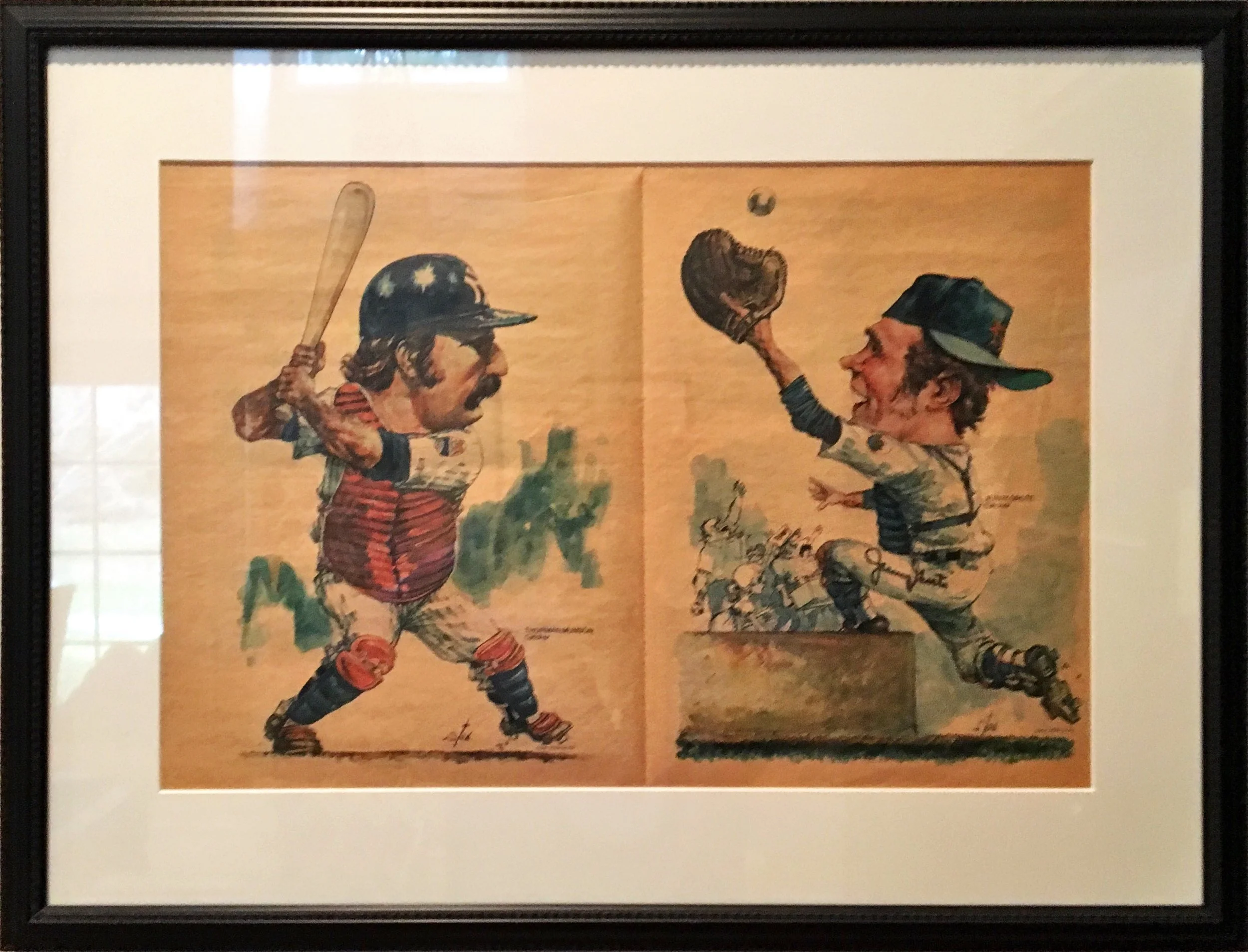 A vintage illustration of two young boys playing baseball, with one wearing a helmet and holding a bat, and the other mid-throw with a glove, in a colorful artistic style.