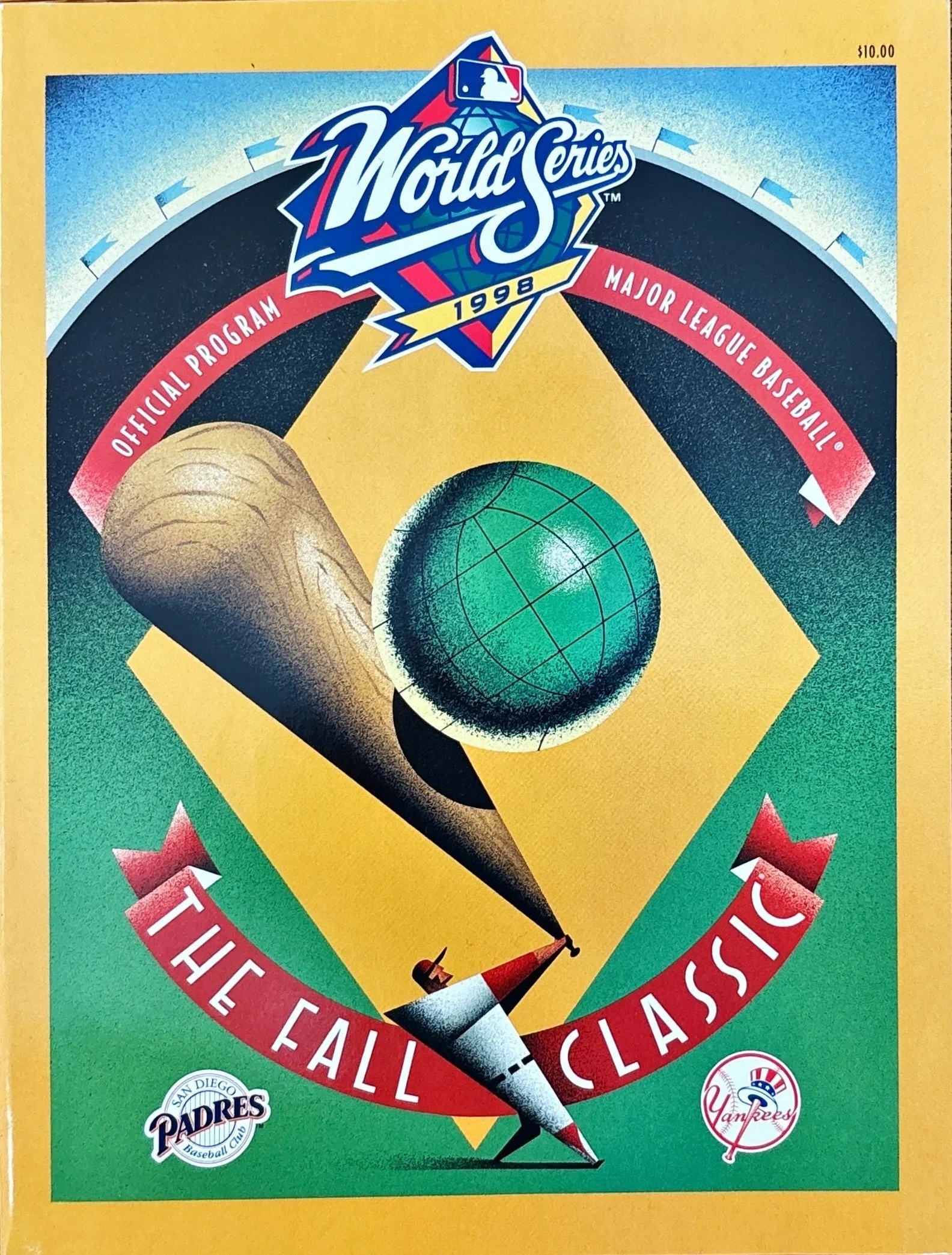 Vintage baseball card for the 1998 World Series, featuring the San Diego Padres and the New York Yankees logos, with a baseball bat illustration.