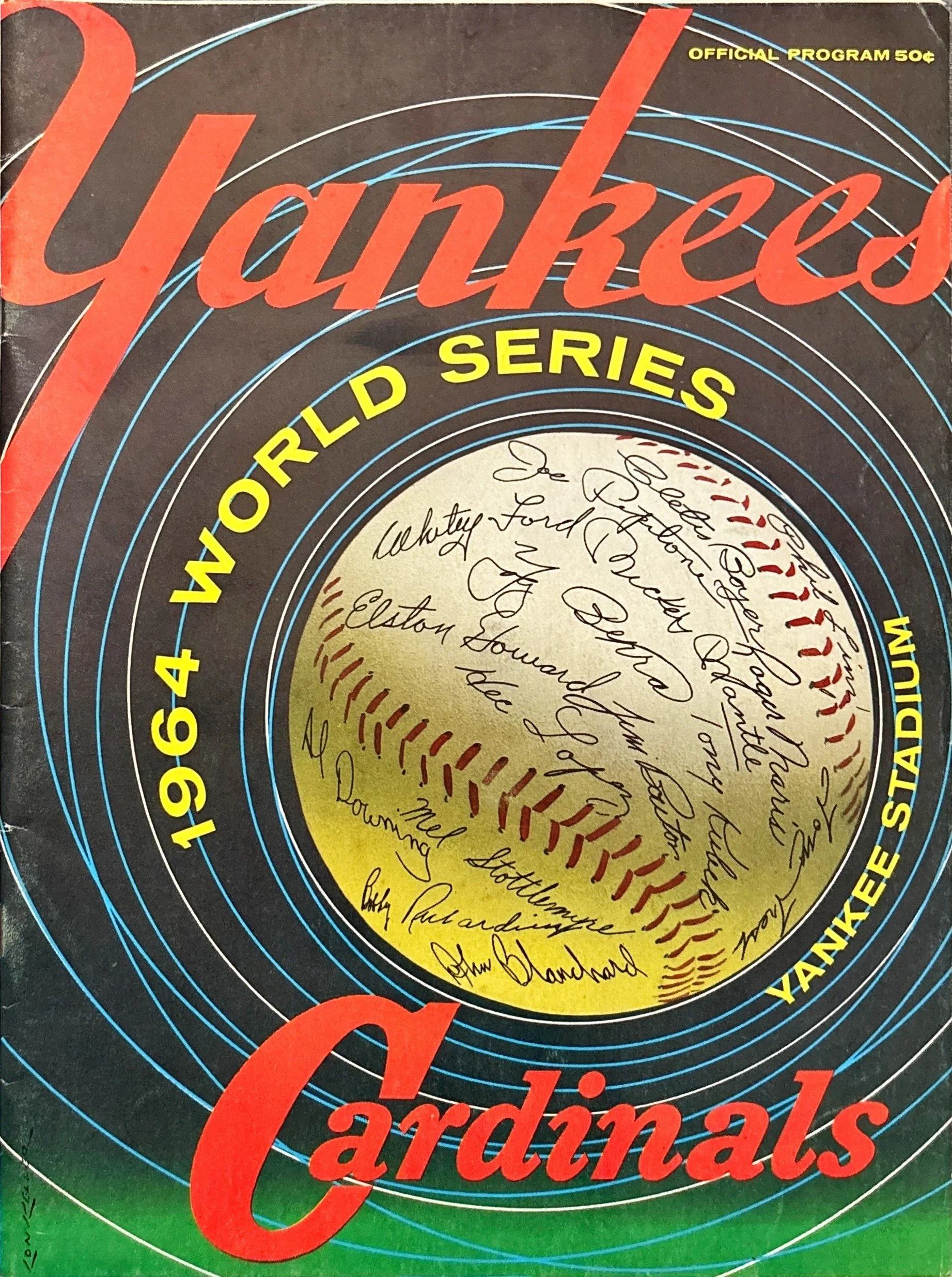 A vintage program cover for the 1964 World Series featuring the New York Yankees and St. Louis Cardinals. The cover has a black background with concentric circles in blue and white. The word 'Yankees' is written prominently in large red script across the top, with additional text in yellow and red indicating the series details. The center features handwritten signatures of players and team members.