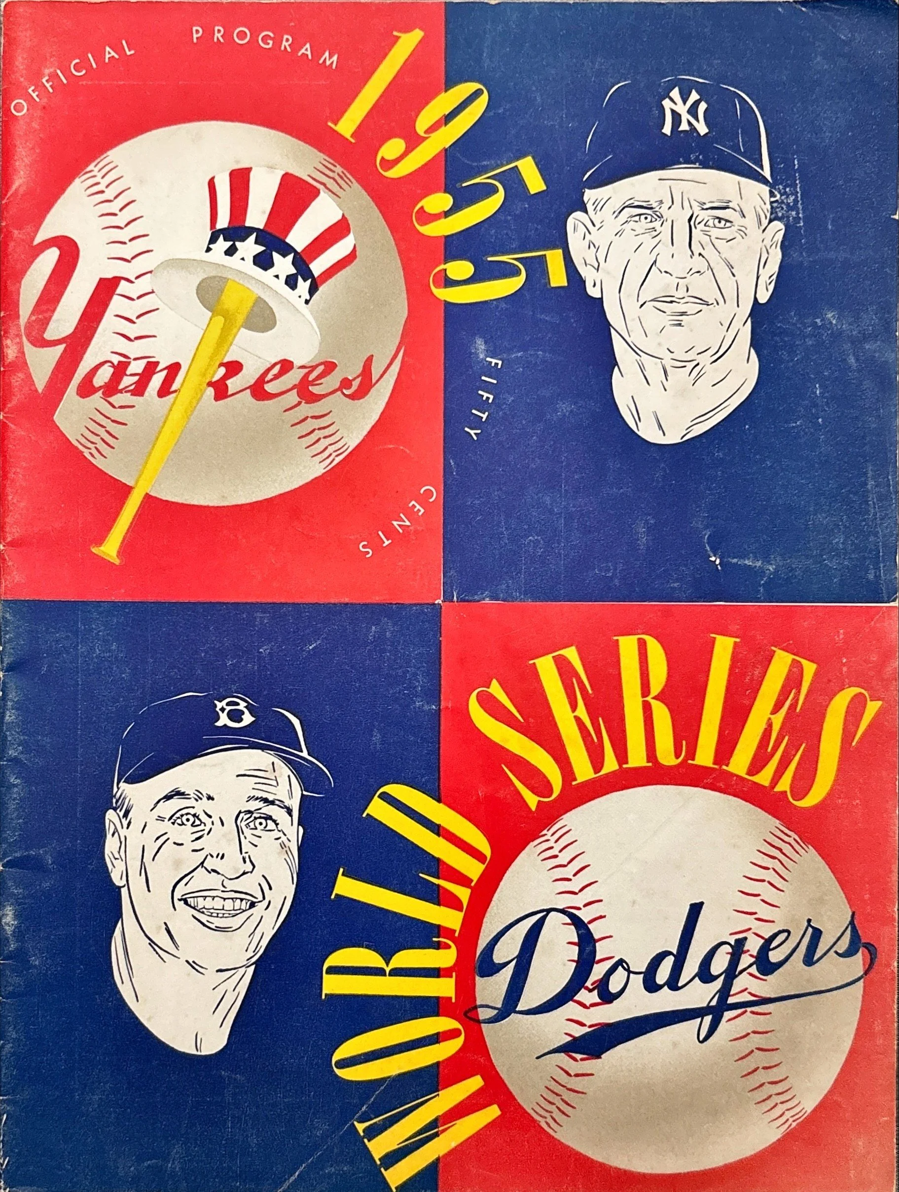Vintage baseball card featuring illustrations of two batting players in a red and blue color scheme with text reading 'Official Program 1949 Yankees Dodgers' and images of baseball and a hat.