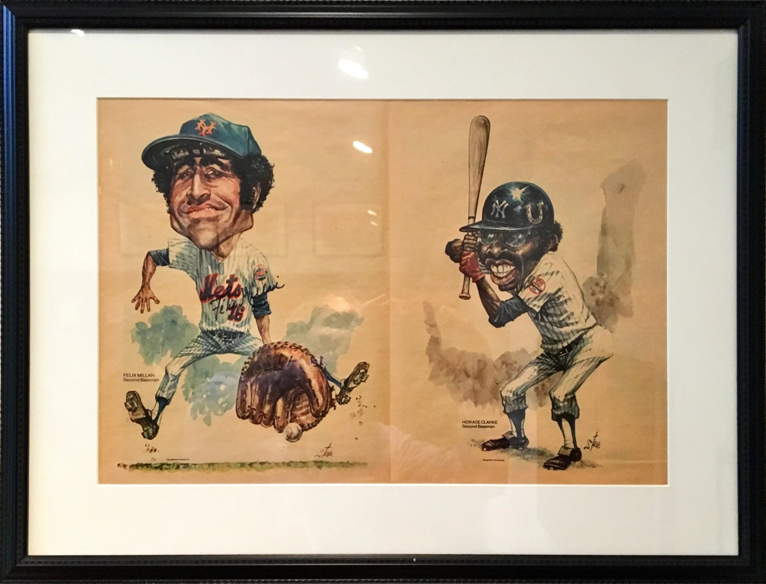 A framed baseball illustration featuring two players, Felix Millan and Horace Clarke, both shown in action poses wearing baseball uniforms and caps. Millan is depicted with a glove, and Clarke is holding a bat.