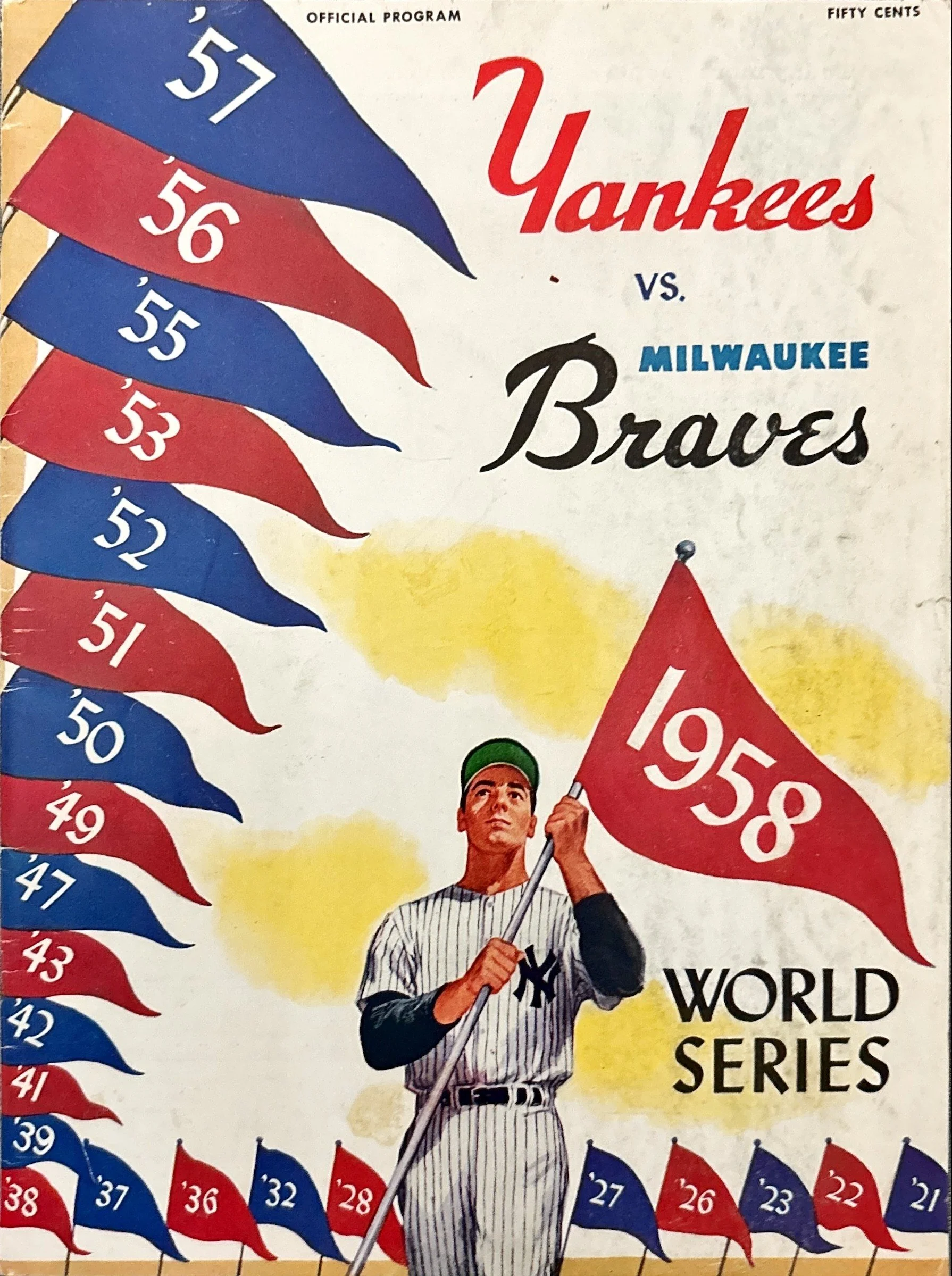 A young man in a New York Yankees uniform holding a flagpole with a red flag that reads 1958, standing in front of a display of American flags with numbers on them, set against a yellow background. 1958 world serries program.