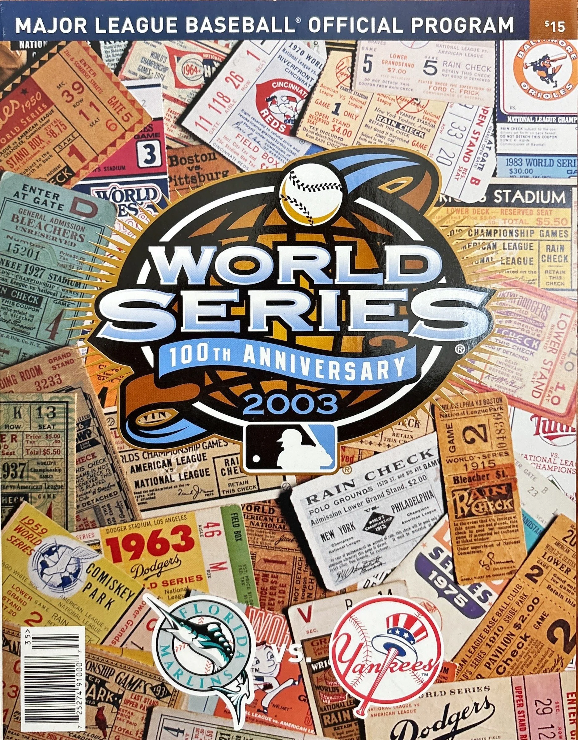 Collage of vintage baseball tickets and memorabilia celebrating the 100th anniversary of the World Series in 2003, including team logos and game tickets.