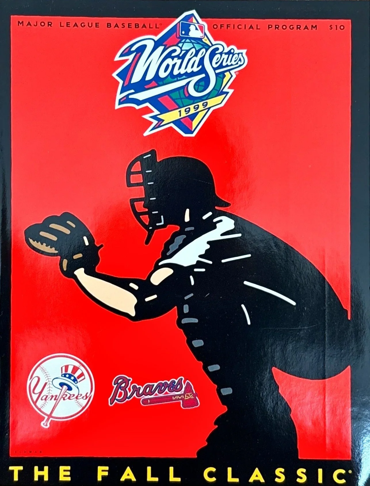 Vintage baseball card featuring a pitcher in action with the logos of the New York Yankees and the Atlanta Braves, and the 1999 World Series logo on a red background.