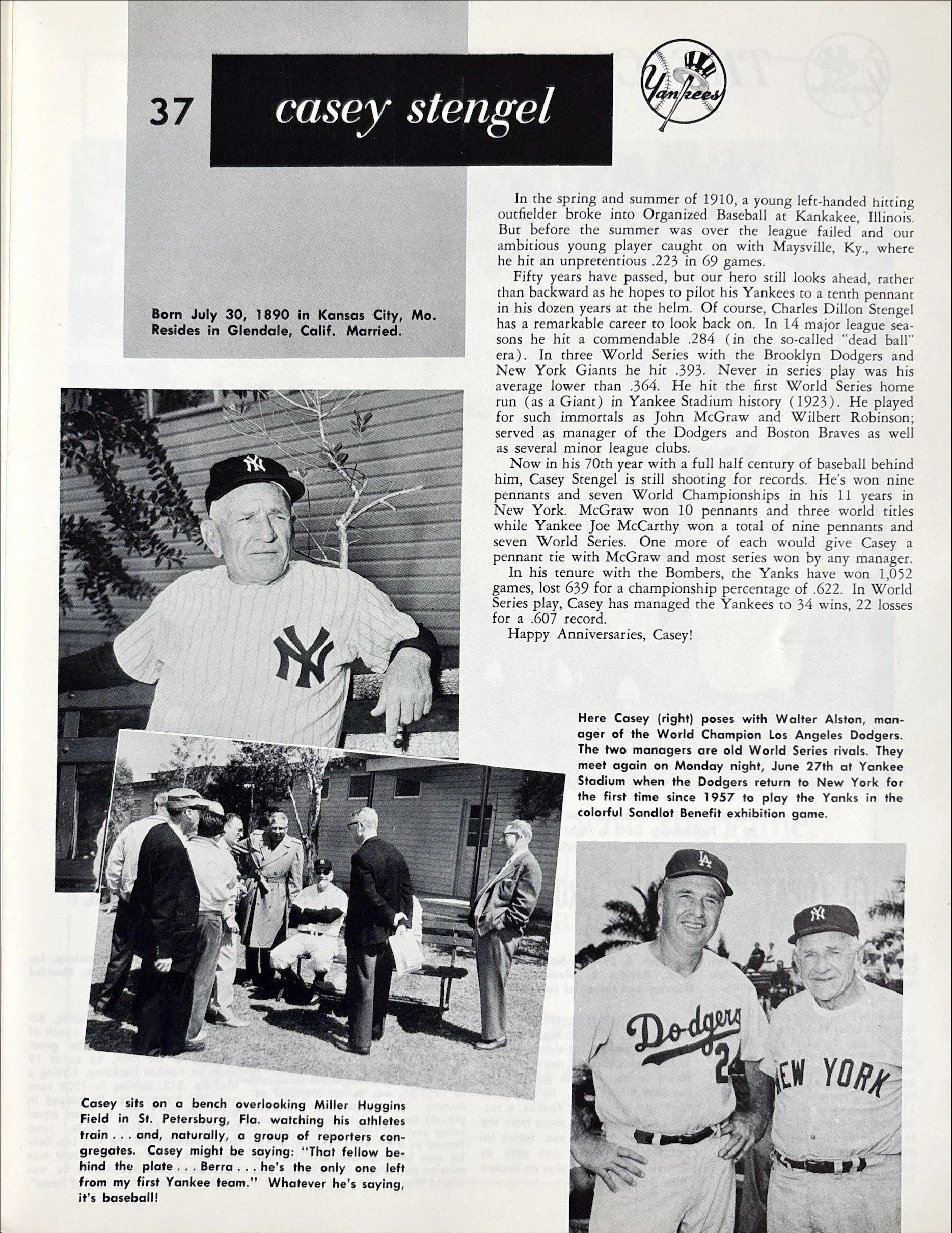 Black and white photographs and text about Casey Stengel, a baseball player and manager. The images show Stengel in different settings, including with Yankees teammates and at a baseball game. The text discusses his career achievements and personal background.