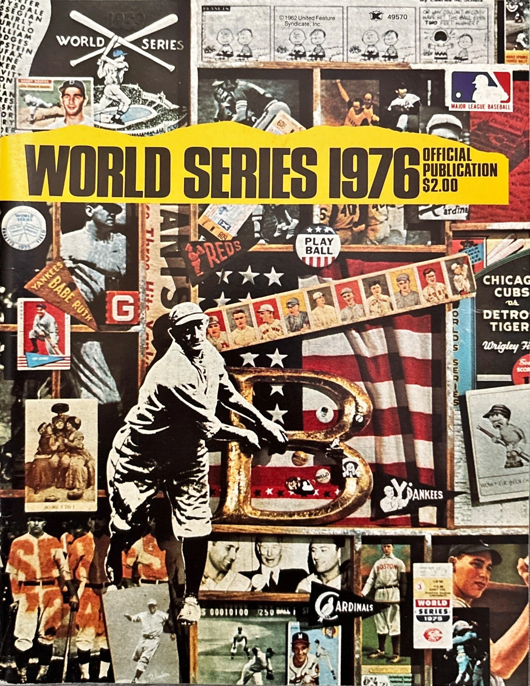 Collage of vintage sports memorabilia, including baseball players, team logos, and posters from the 1970s, with a prominent yellow banner reading 'World Series 1976'.