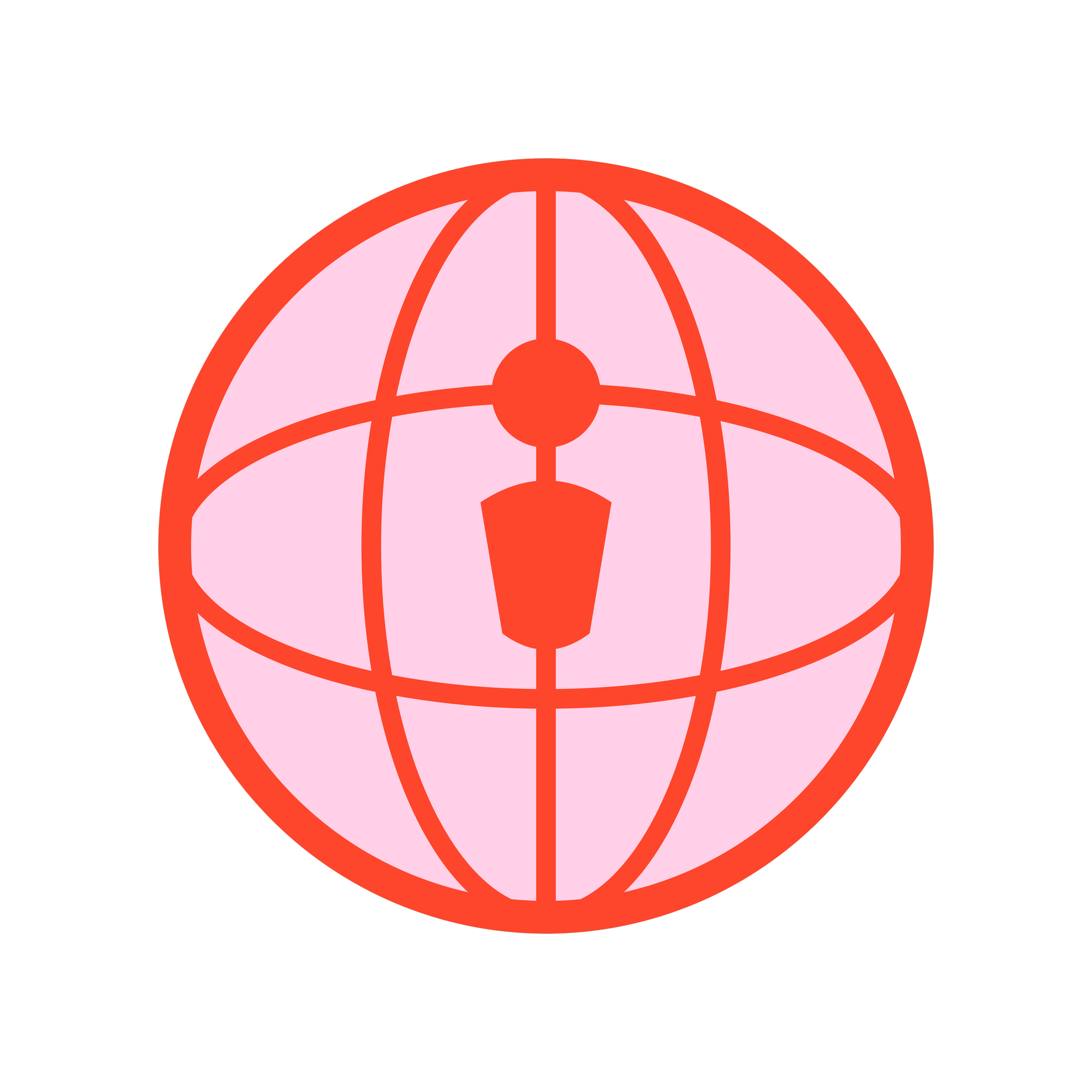 A stylized globe with a red outline and pink fill, featuring a red cursor icon in the center. The globe depicts longitudinal and latitudinal lines, emphasizing a global or internet theme.