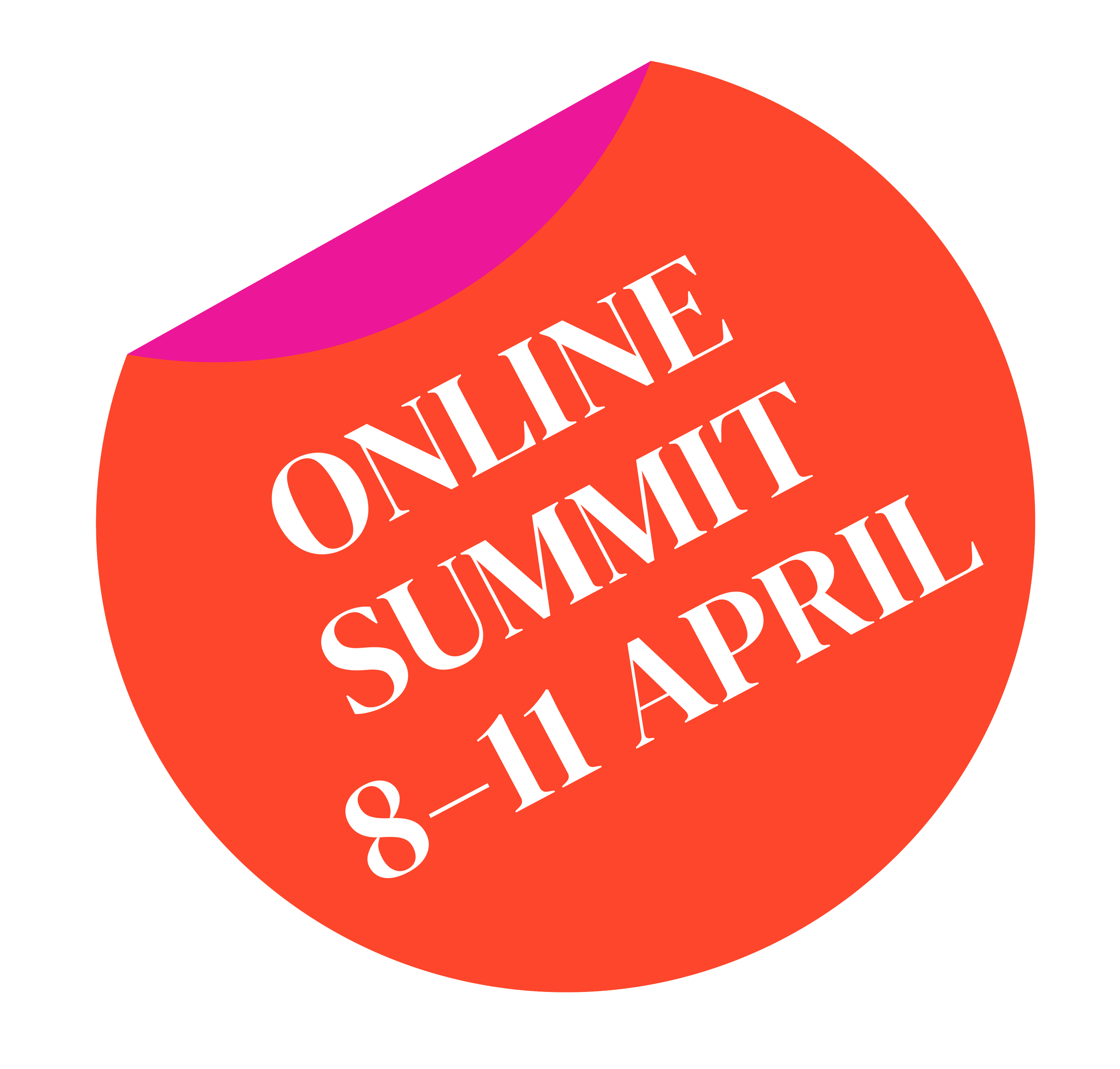 Red circular sticker with white text promoting an online summit scheduled for April 8-11.