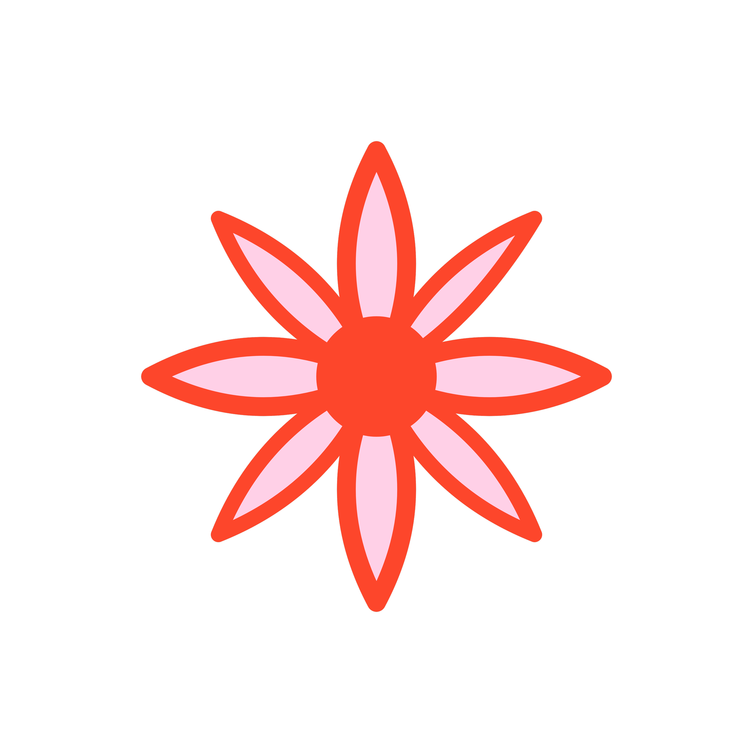 Illustration of a pink and orange flower with eleven petals and a circular center on a black background.