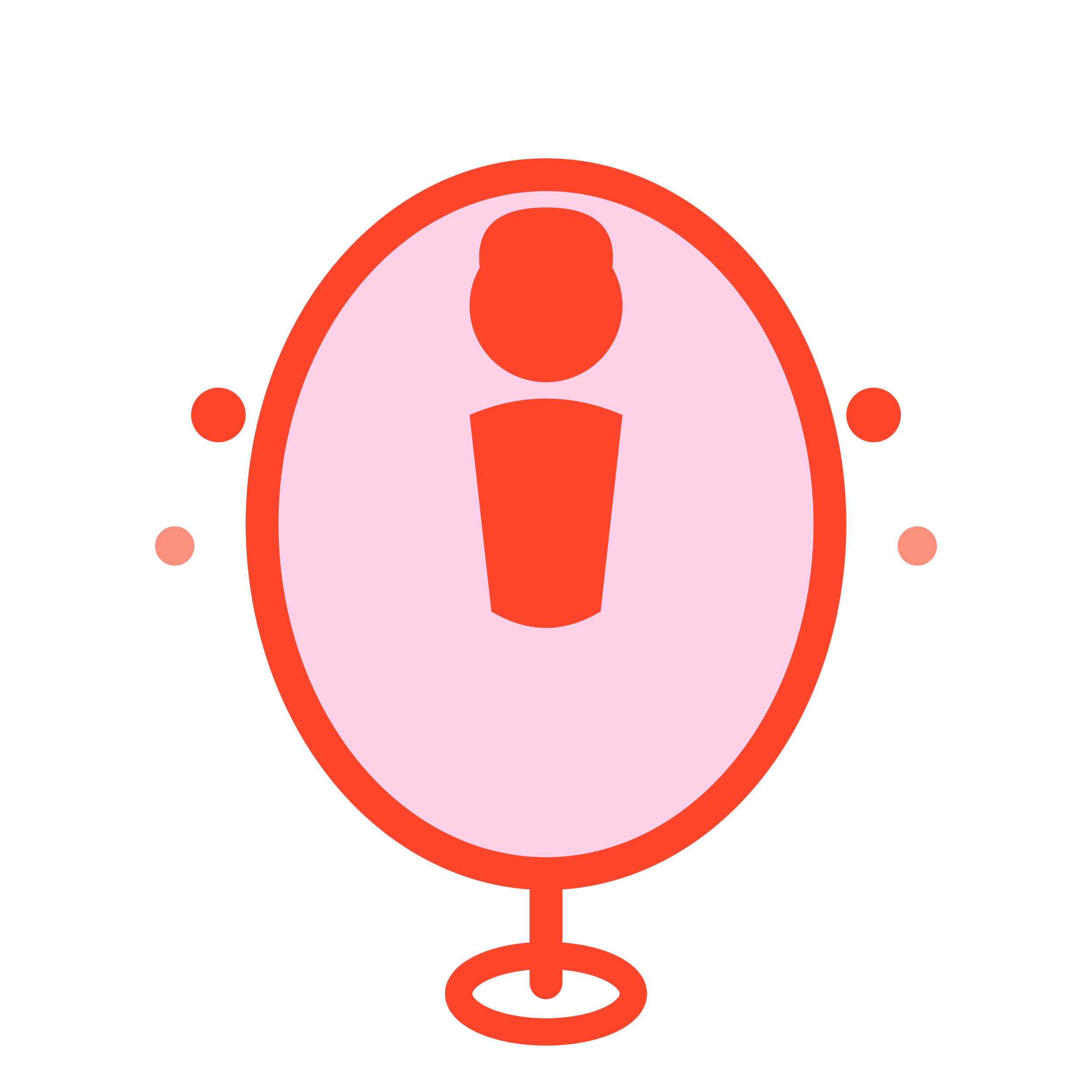 Stylized illustration of a mirror with a red human figure icon inside, surrounded by small dots on a black background.