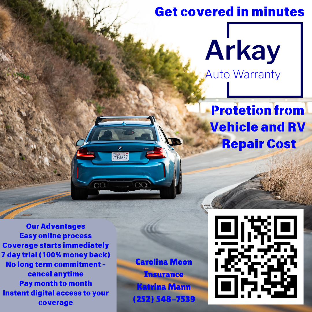 Advertisement for Arkay auto warranty featuring a blue sports car on a mountain road, with text promoting coverage for vehicles and RVs, advantages, contact info, and a QR code.