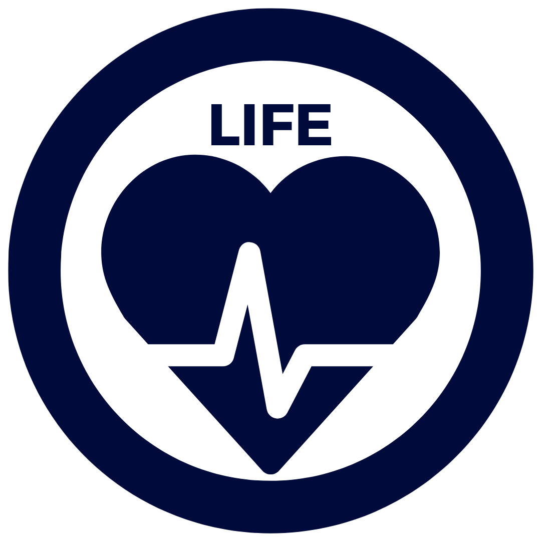 A circular icon with a dark blue border. Inside, a heart with a heartbeat line running through it. The word "LIFE" is written at the top of the heart.