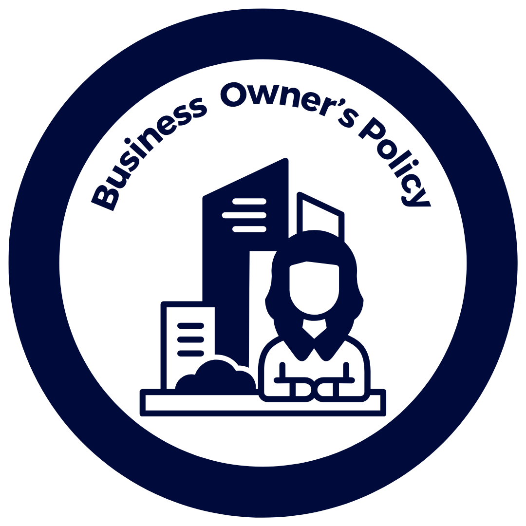 Emblem with the text 'Business Owner's Policy,' a building, and a person in front of a desk.