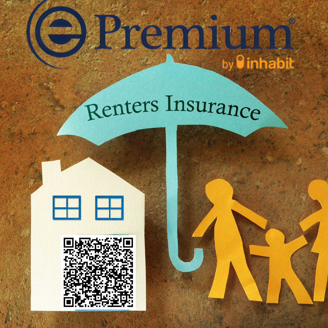 Illustration showing a house with a QR code and paper cutouts of a family holding hands under a large umbrella labeled 'Renters Insurance', with the branding 'ePremium by Inhabit' at the top.