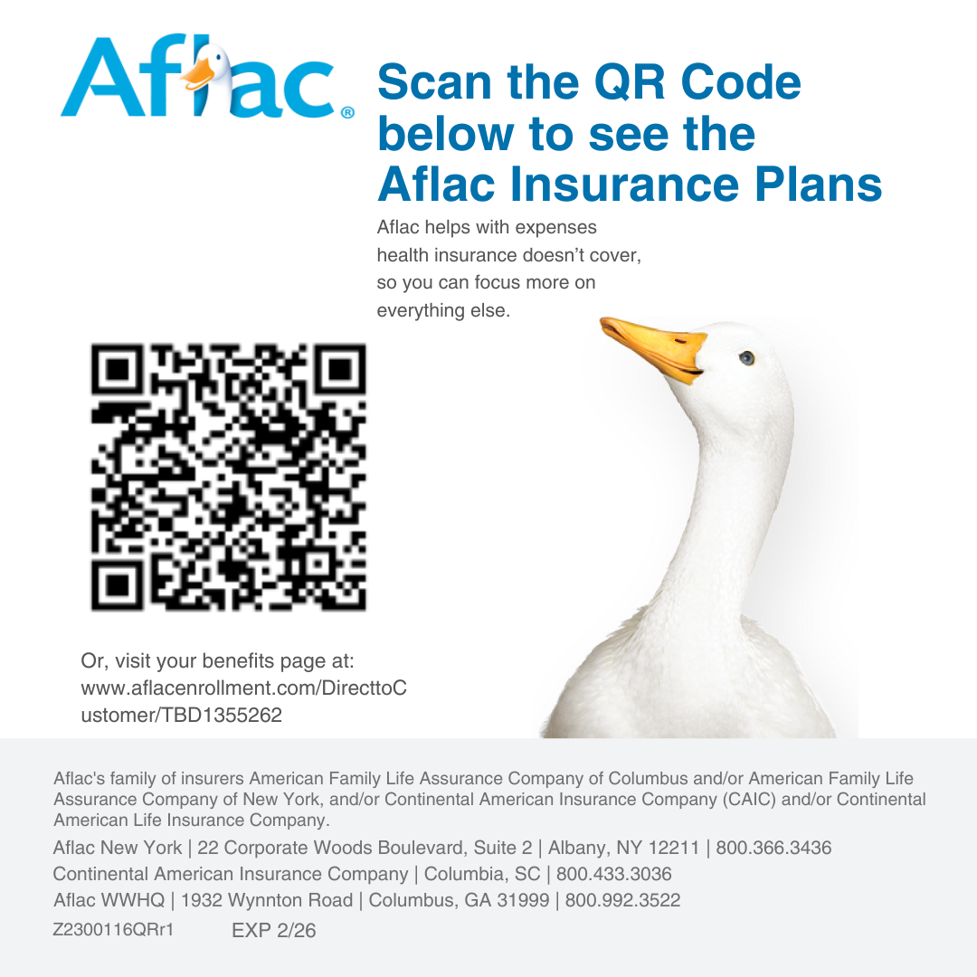 A promotional poster with the Aflac logo and a picture of a goose. It instructs viewers to scan a QR code to see Aflac insurance plans, which helps with expenses health insurance doesn't cover.
