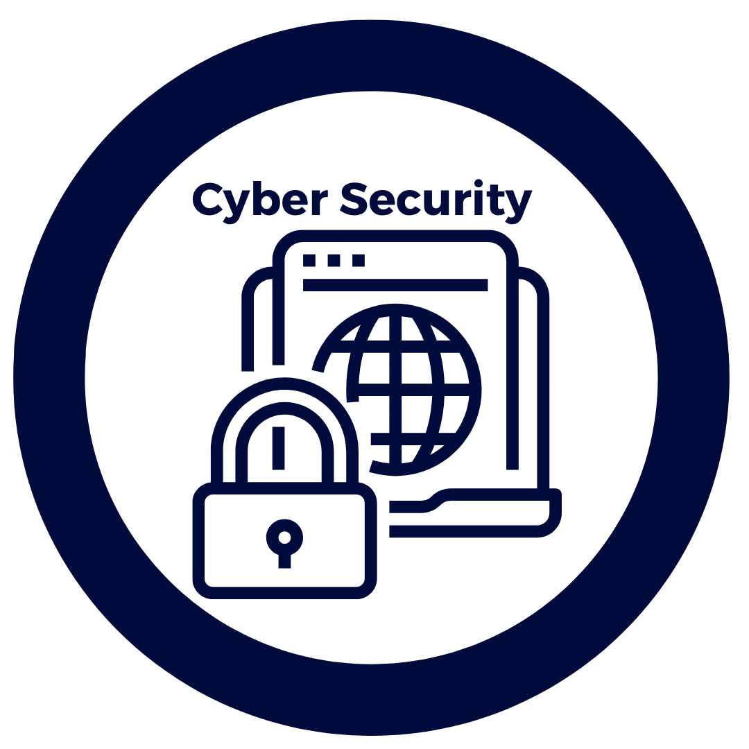 Icon representing cybersecurity with a laptop displaying a globe, a padlock, and the text 'Cyber Security'