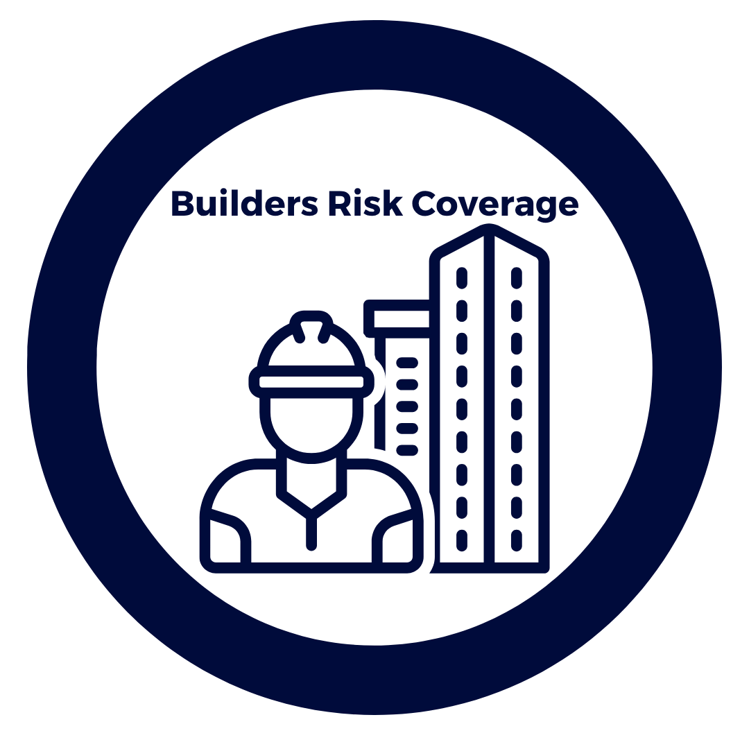Icon depicting a construction worker with a hard hat next to tall buildings, with the text 'Builders Risk Coverage' above.