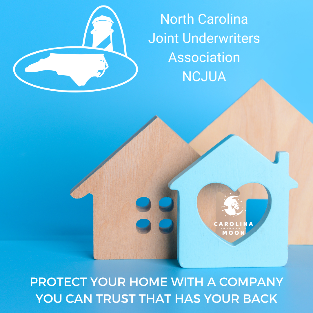 Blue background with wooden house models, a house-shaped cutout with a heart and moon logo, and white text reading 'North Carolina Joint Underwriters Association NCJUA' and 'Protect your home with a company you can trust that has your back'.