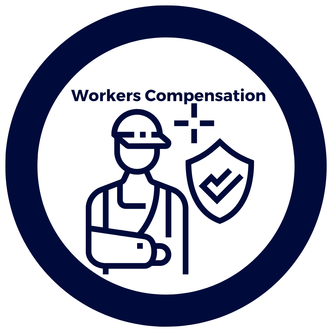 Icon of a construction worker with a hard hat and arm brace, next to a shield with a check mark, and the text 'Workers Compensation'