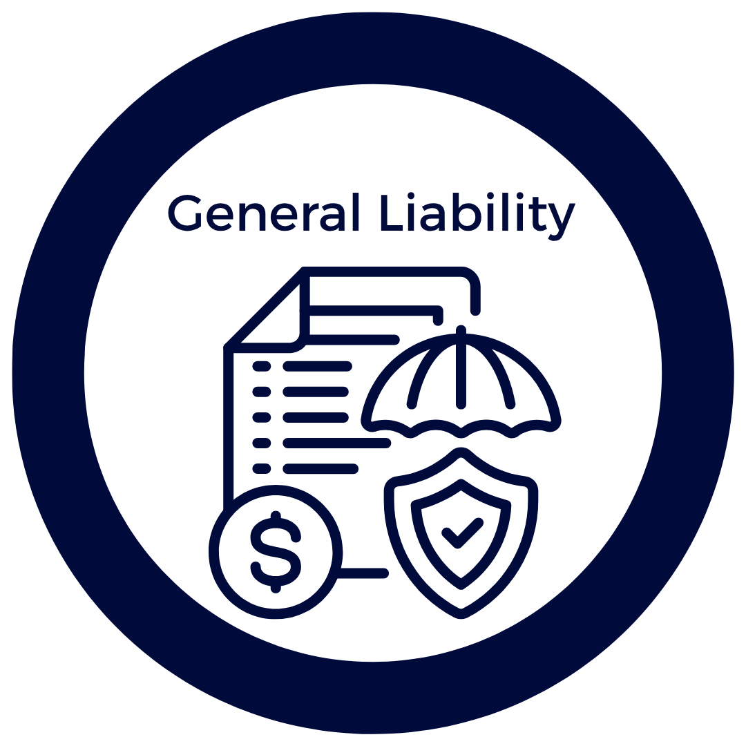 Icon with documents, dollar sign, umbrella, and shield representing general liability insurance.