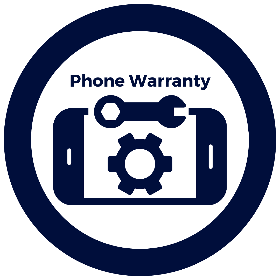 Icon indicating phone warranty with a gear, wrench, and phone inside a circle