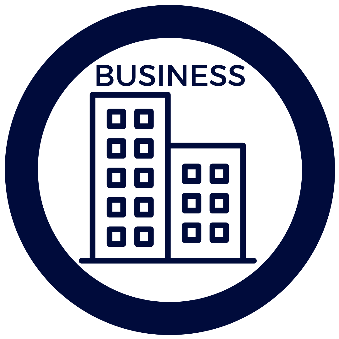 Icon of two tall office buildings with the word 'BUSINESS' above them, enclosed in a circular border.