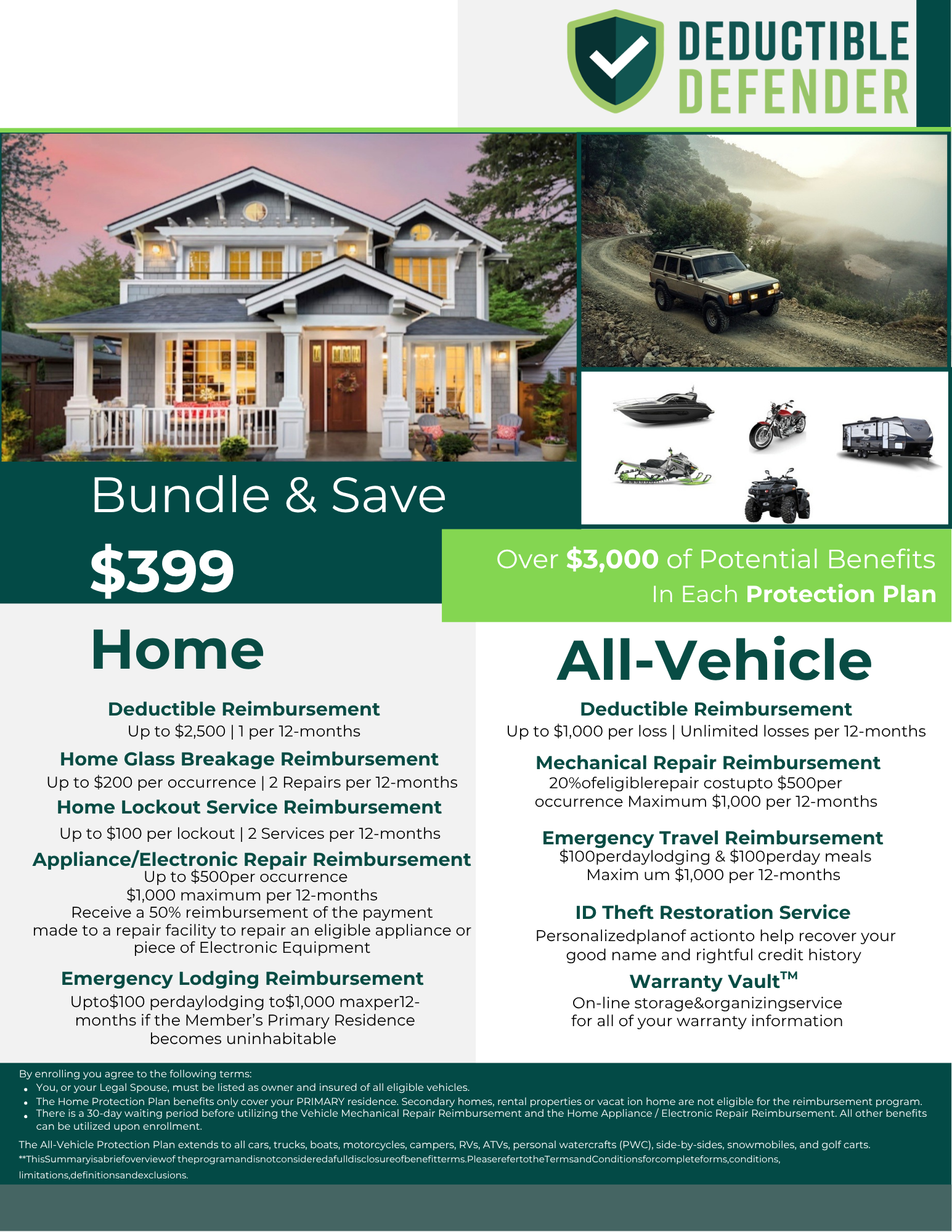 A promotional flyer from Deductible Defender offering insurance protection plans. The flyer features images of a house, off-road vehicle, boats, motorcycles, and RVs, with text highlighting bundle pricing and potential savings over $3,000, with details on home and vehicle insurance reimbursement and coverage options.