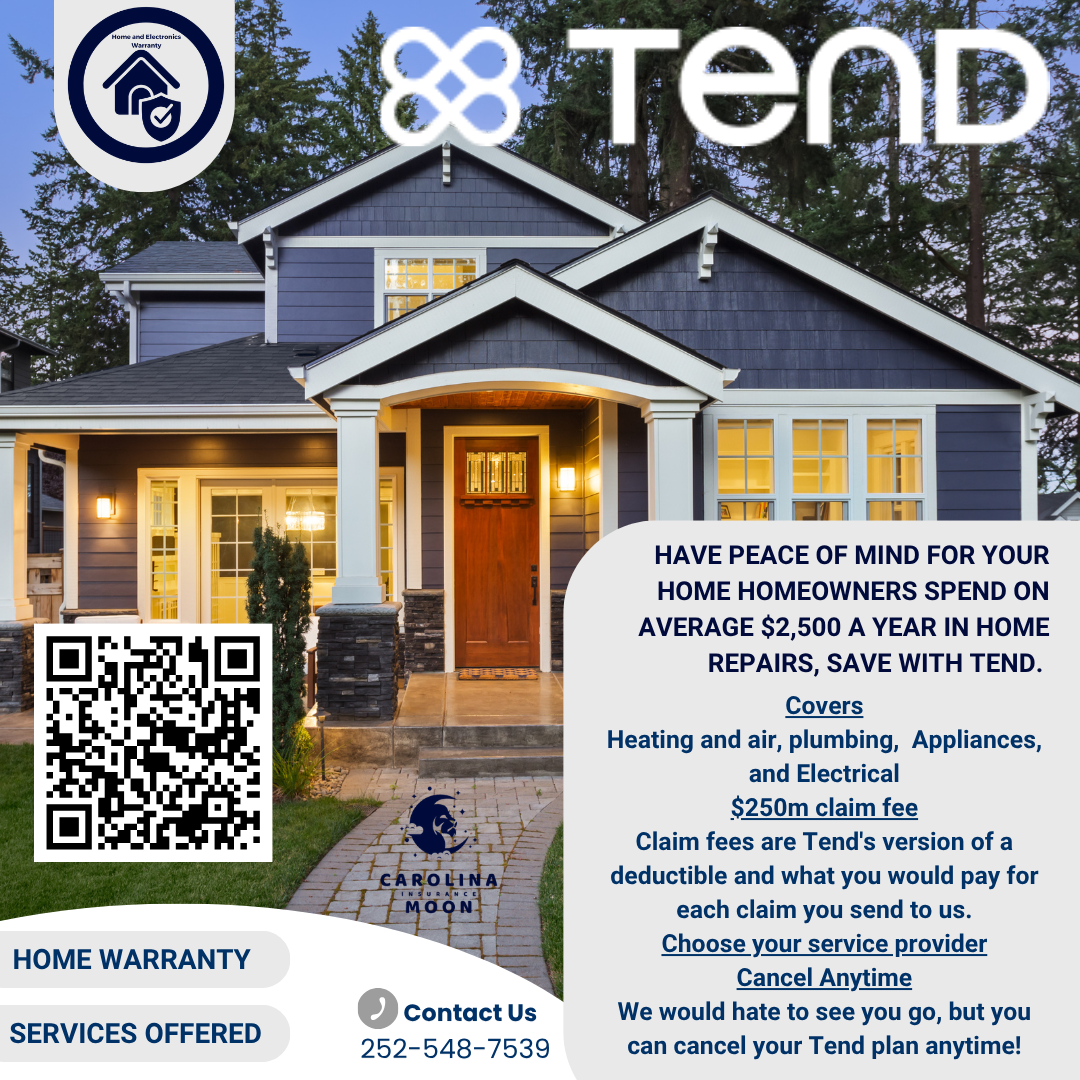 Modern blue house with porch, front door, and lit windows, advertisement for home warranty services by Tend, featuring Raleigh, North Carolina contact info, QR code, and logos.