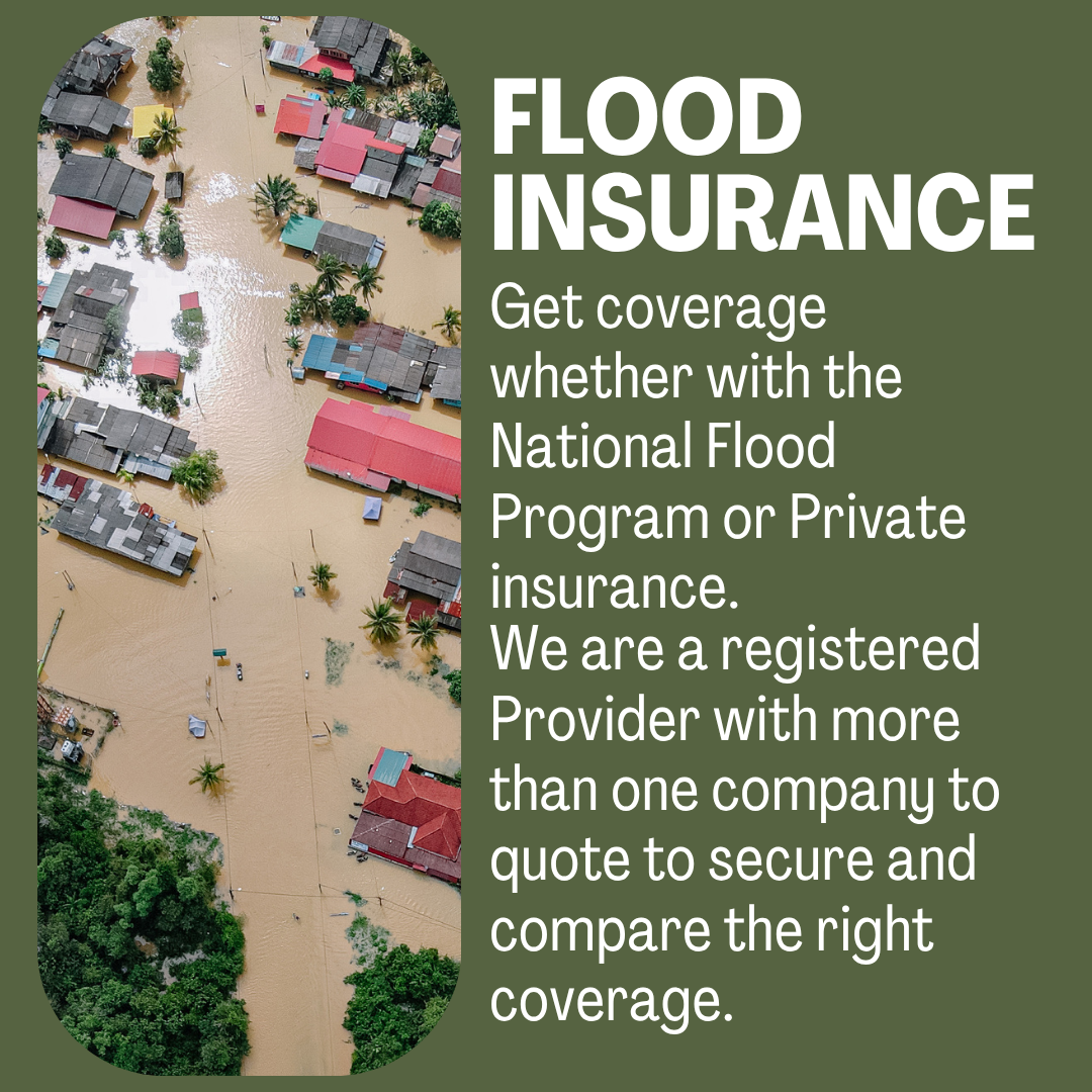 Aerial view of a flooded residential area with houses and palm trees submerged in muddy water, illustrating flood damage.