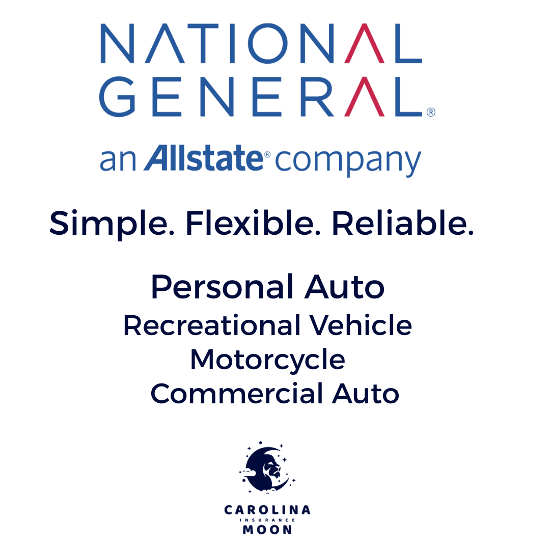 Allstate logo with 'National General, an Allstate company' text, advertising auto insurance for personal, recreational, motorcycle, and commercial vehicles, featuring the Carolina Moon Insurance logo.