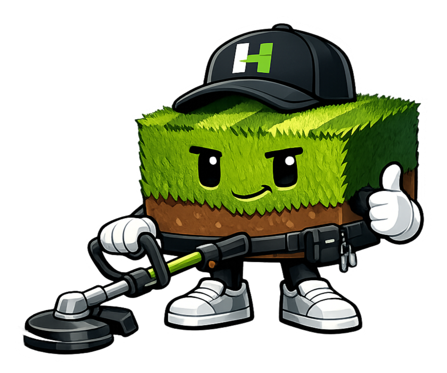 Cartoon grass block character wearing a black baseball cap with green 'H' and white sneakers, holding a metal detector, giving a thumbs-up.