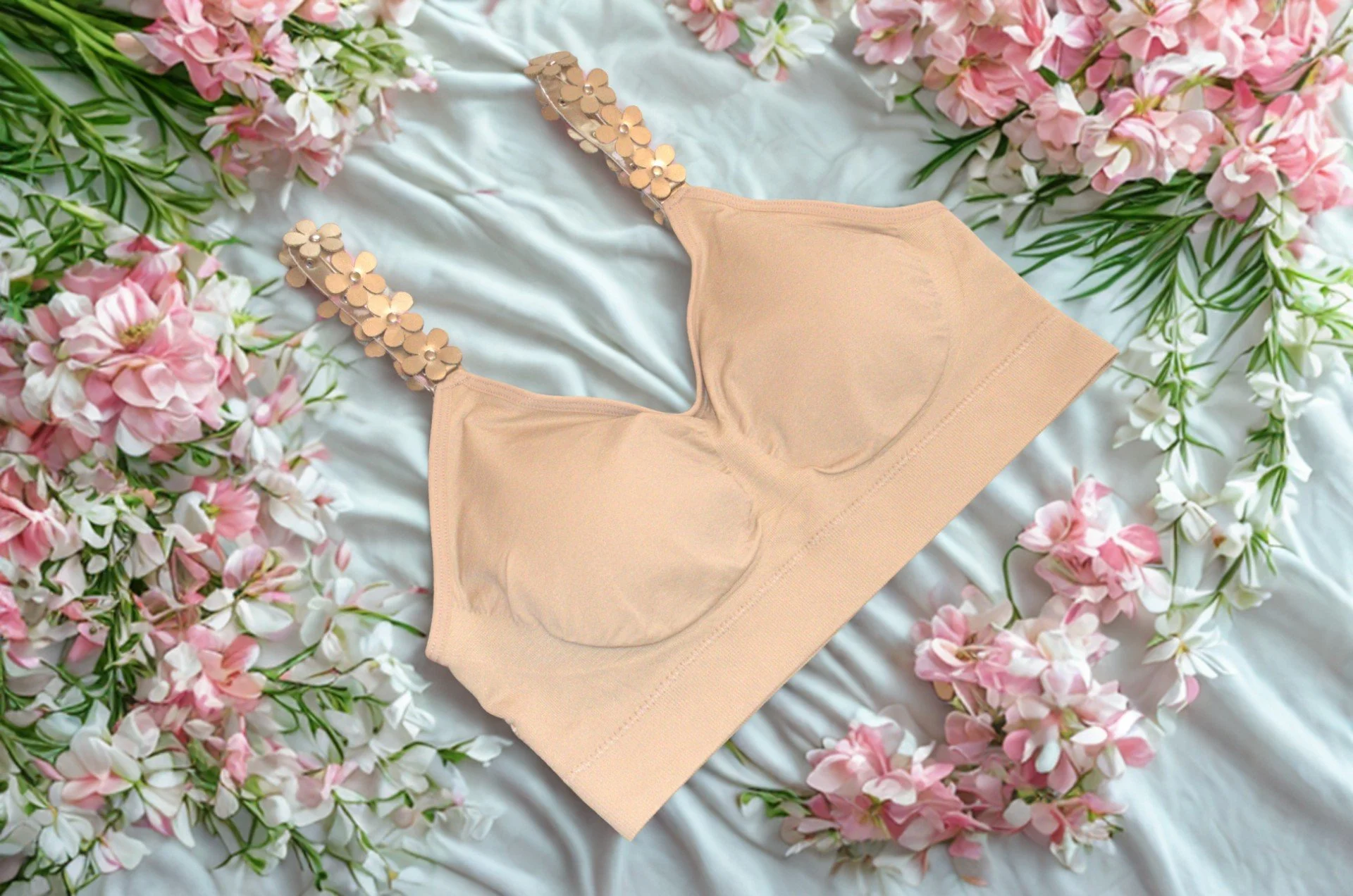 Nude bra with gold flowers