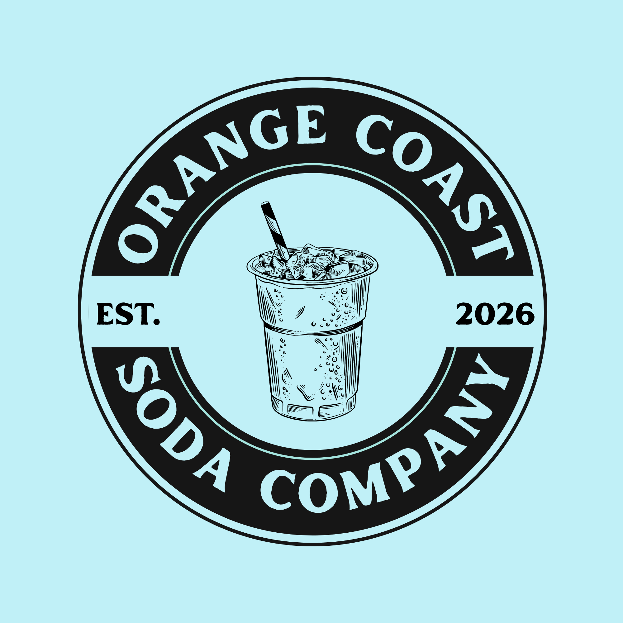 Logo for Orange Coast Soda Company featuring a sketch of a soda glass with ice and a straw, surrounded by the company name and establishment year on a light blue background.