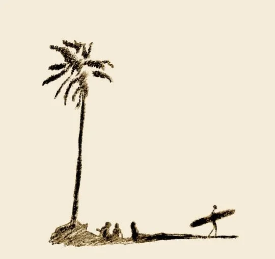 Sketch of a tall palm tree with people sitting below and a person carrying a surfboard in the background.