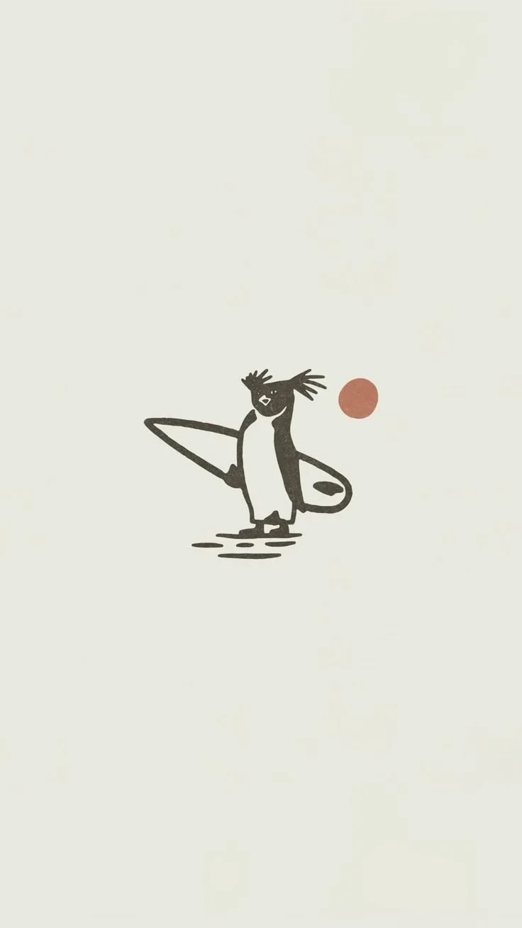 A simple illustration of a penguin holding a surfboard with a red circle nearby on a white background.