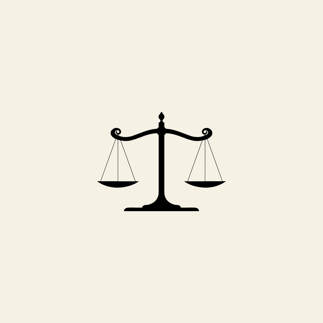 Icon of balanced scales, representing justice.