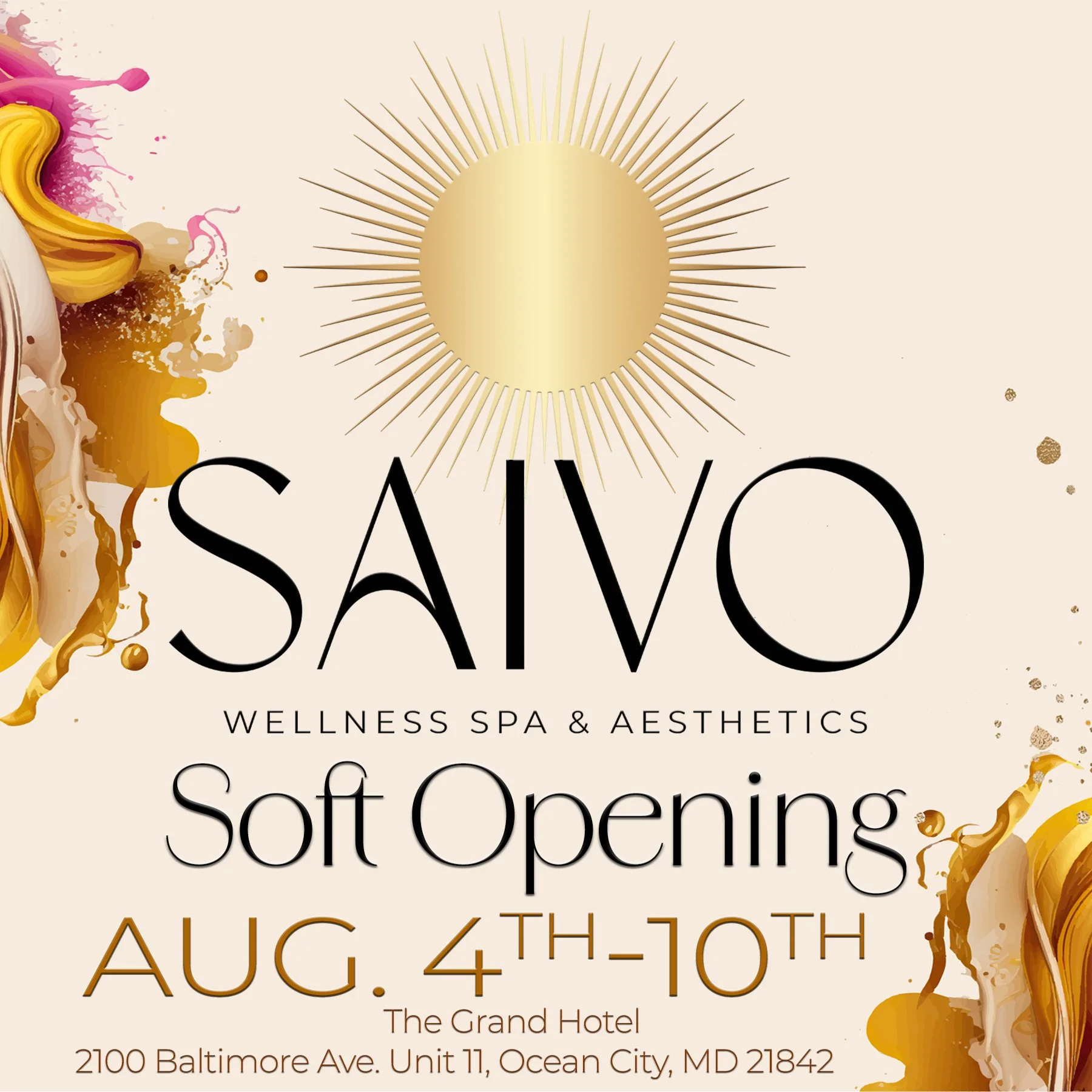 Announcement for soft opening of ALC Wellness Spa & Aesthetics at The Grand Hotel in Ocean City, Maryland on August 4th-10th, with address 2100 Baltimore Ave, Unit 11.