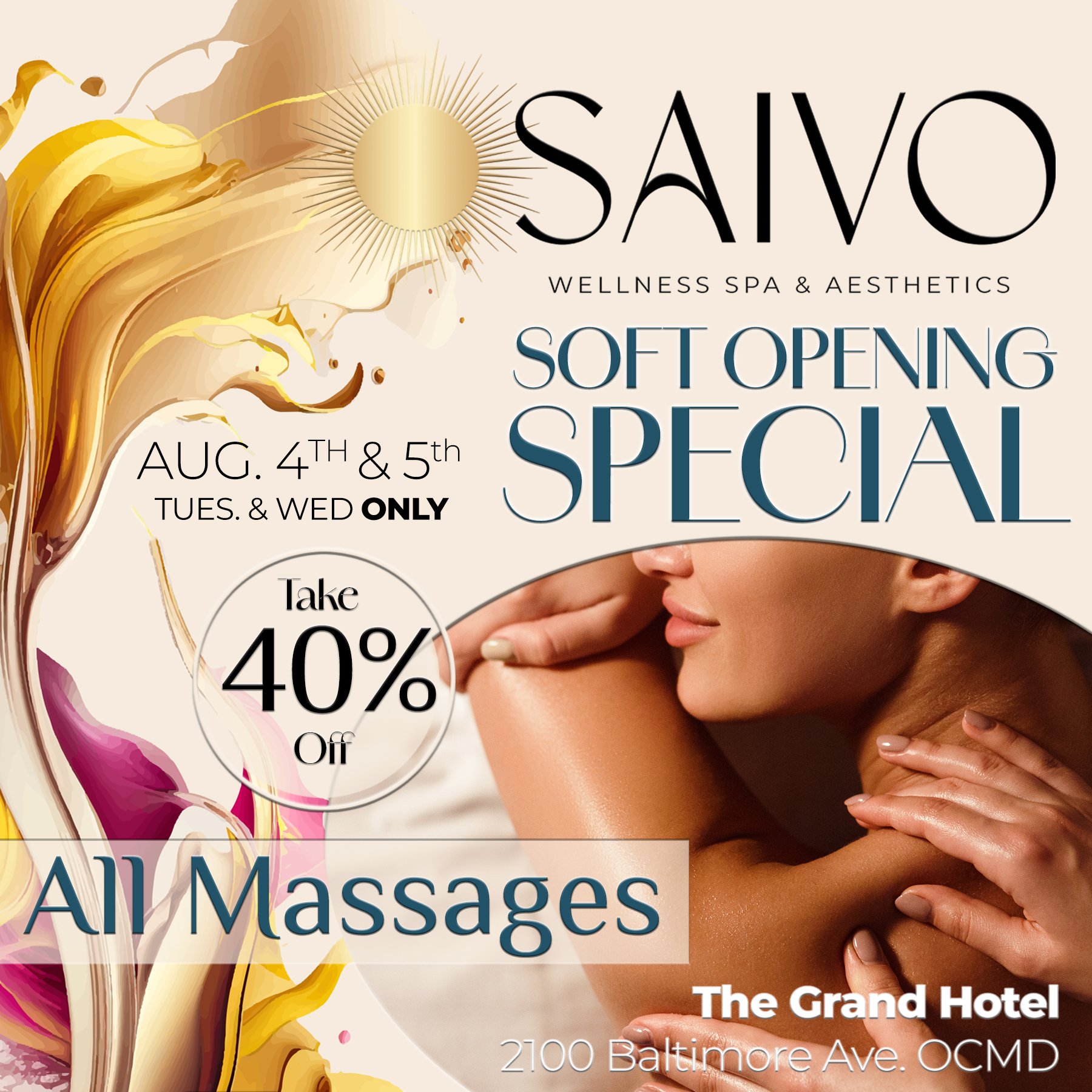 Promotional flyer for Savo Wellness Spa & Aesthetics announcing a soft opening special offering 40% off all massages on August 4th and 5th, located at 2100 Baltimore Ave, with an abstract background design and a woman receiving a massage.