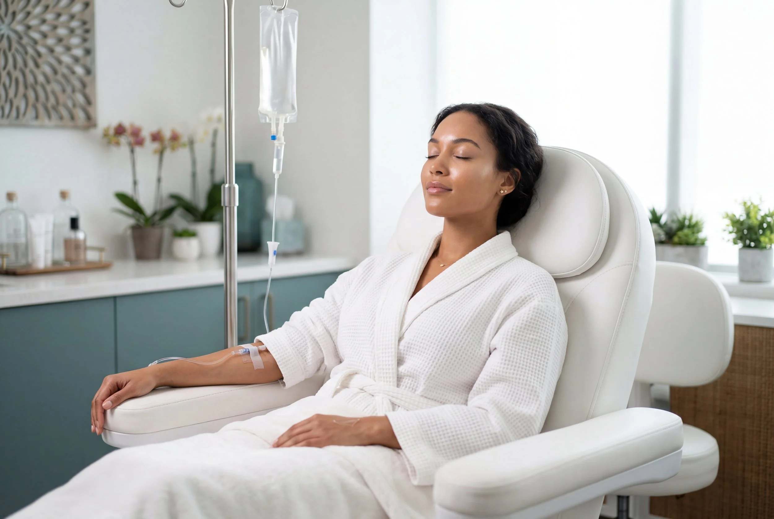 A woman is relaxing in a medical or spa setting with her eyes closed, sitting in a comfortable chair. An IV drip is connected to her arm, suggesting she is receiving fluids or medication.