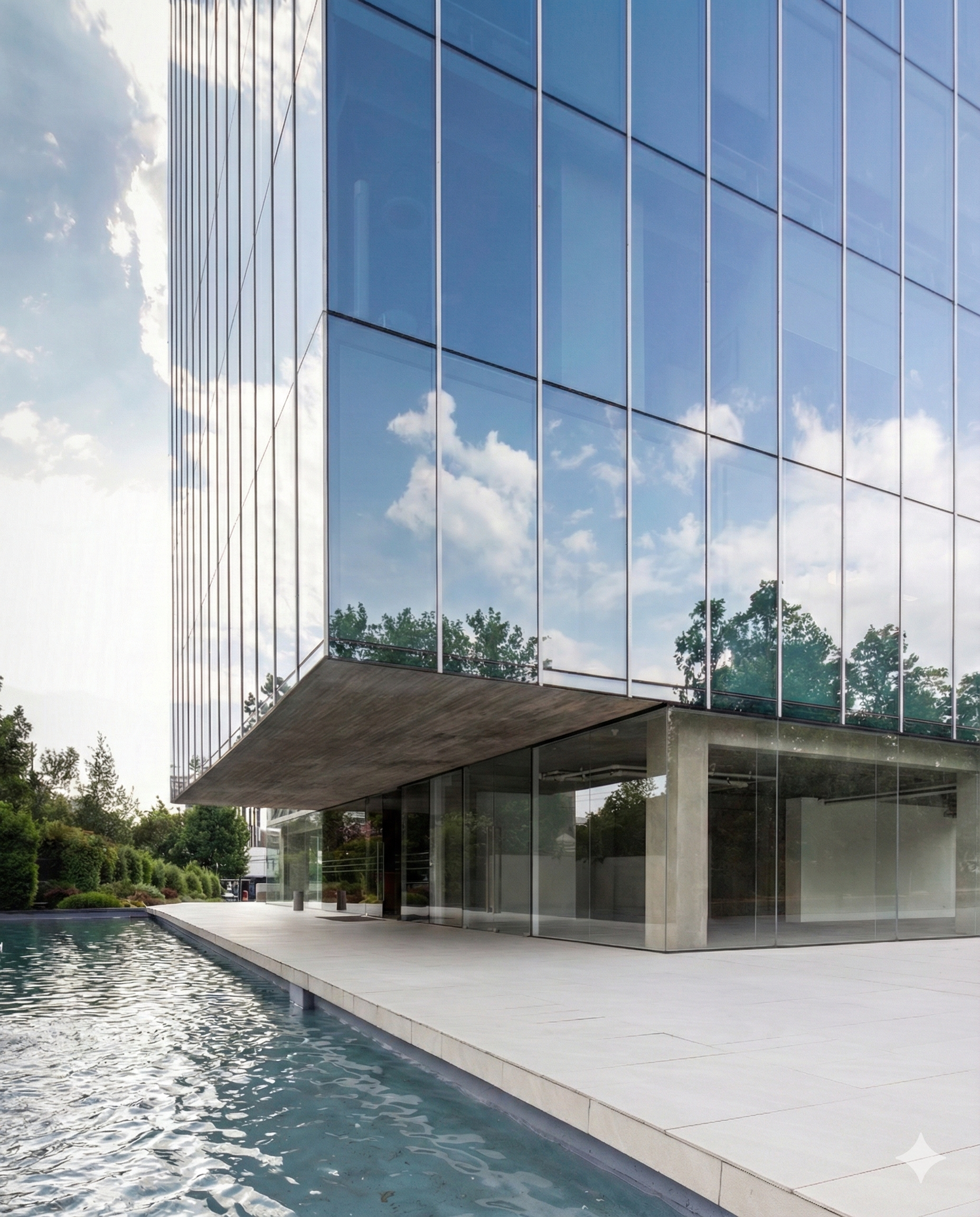Edificio moderno de vidrio con reflejos del cielo y árboles, junto a una fuente de agua y una terraza de concreto.