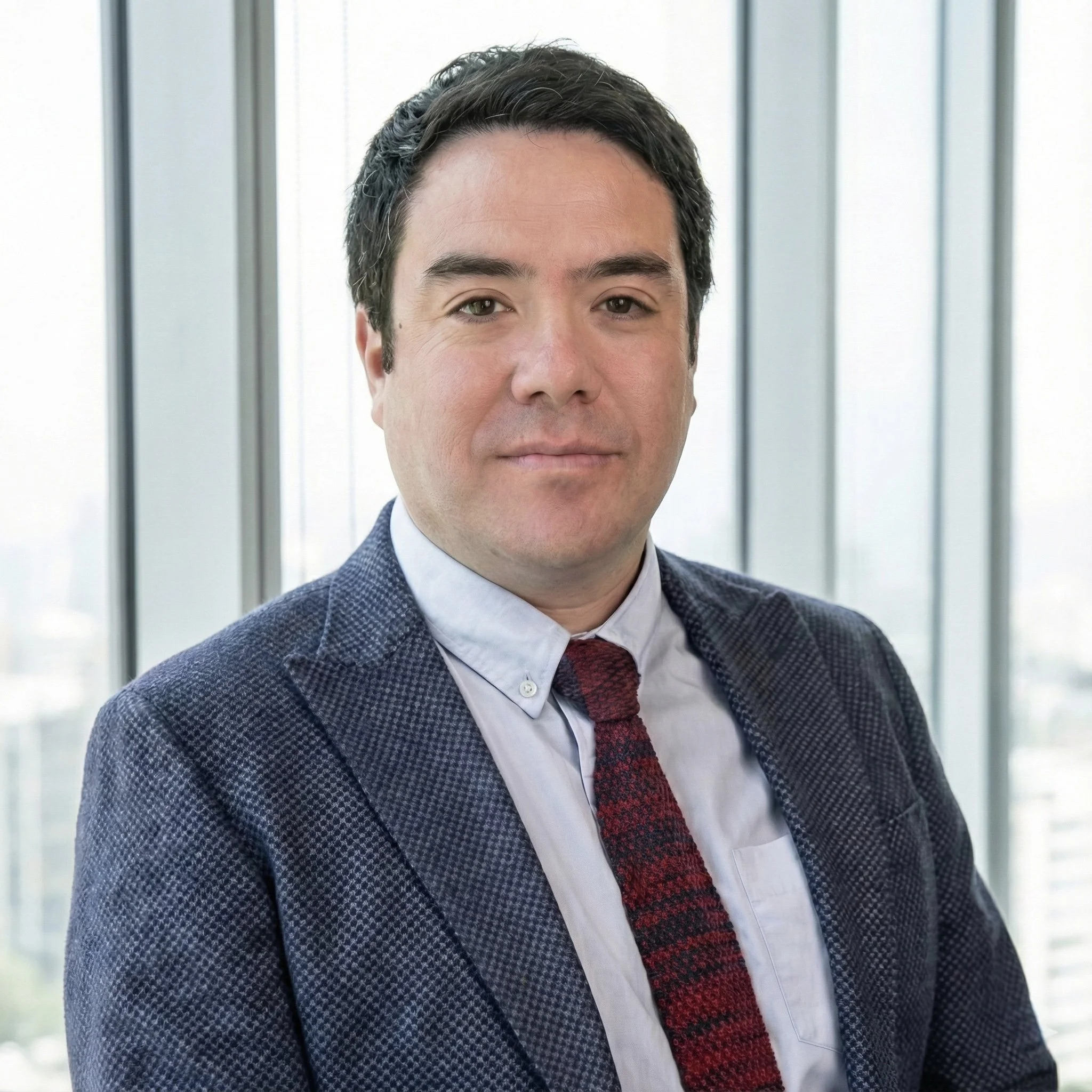 Retrato de un hombre con cabello oscuro, piel clara, vestido con saco azul y corbata burdeos, en una oficina con ventanas grandes de fondo.