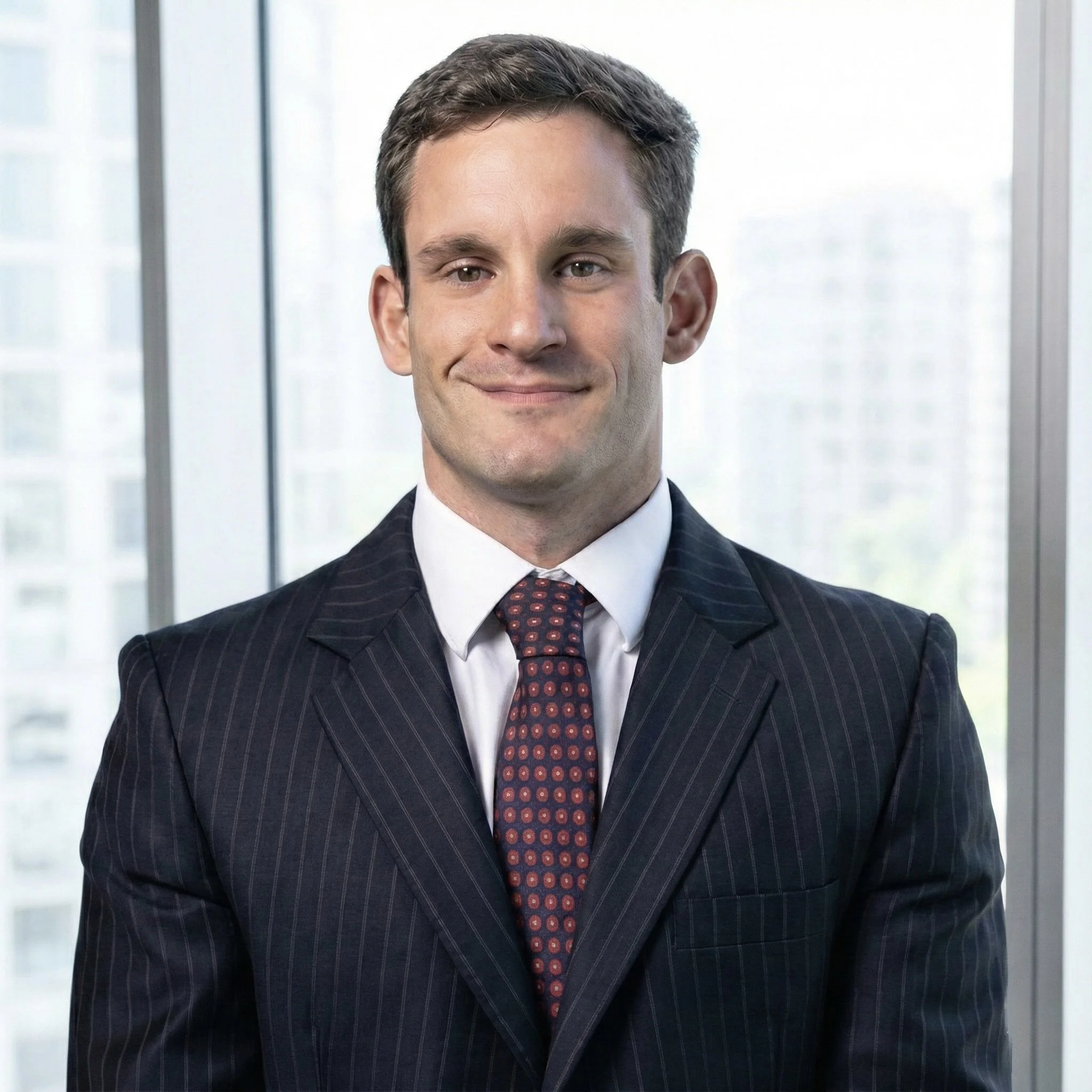 Retrato de un hombre de traje oscuro con corbata, sonriendo, en una oficina con ventanas de fondo.