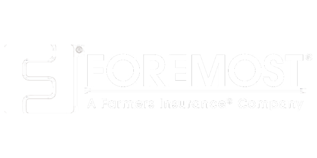 Foremost Insurance company logo with black background, white text, and a stylized graphic resembling a tractor or farm equipment.