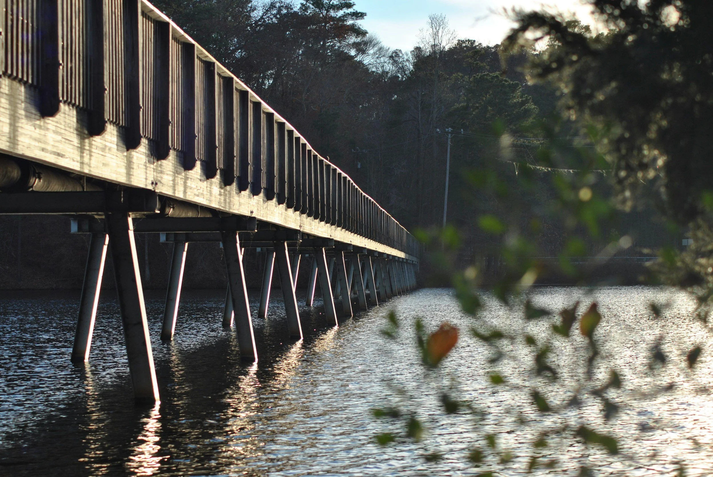 A long bridge extending over a body of water with trees in the background, captured during sunset or sunrise.