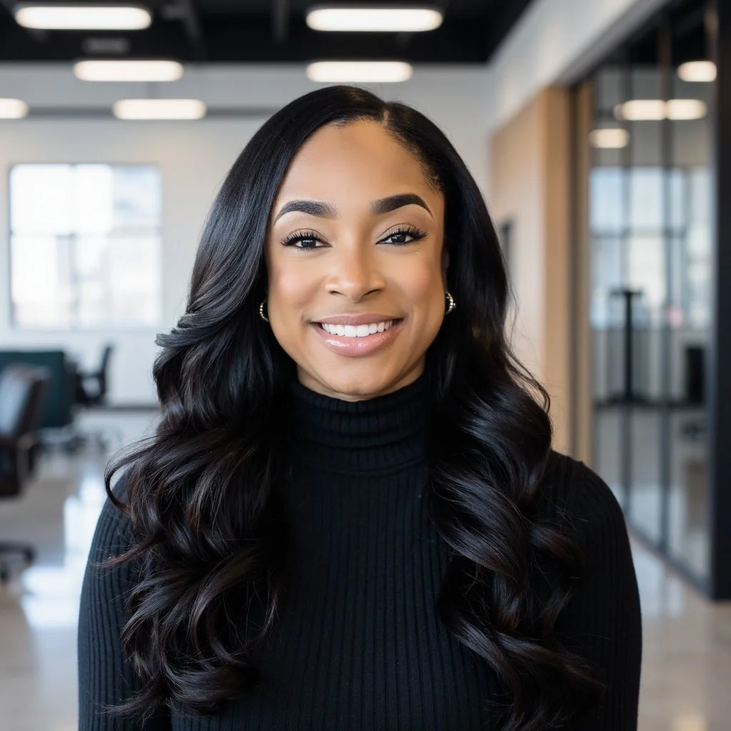 A smiling woman with long, wavy black hair, wearing a black turtleneck sweater, standing in a modern office with large windows and glass partitions.