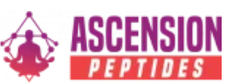 Logo for Ascension Peptides with the name in purple and slanted white text on a red background.